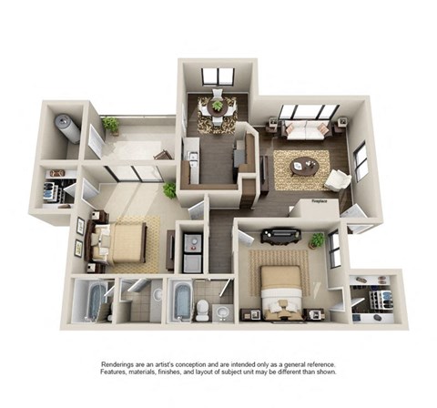 A 3D floor plan of a house with a kitchen, living room, and bathrooms.